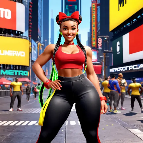 a woman wearing red outfit,  kimberly, braids, yellow straps, green earphones,  holding spray paint,  black hair, tight pants, sneakers, hair bow, walkman,   best quality, looking at viewer,  <lora:sf6sdxl:0.9>, sf6sdxl, dark skin, times square, metro city...