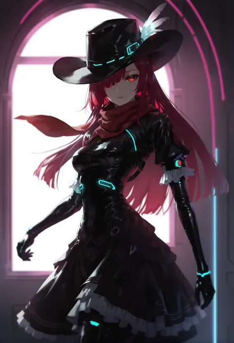 masterpiece, best quality,  original, extremely detailed 8K wallpaper, red hair, cowboy hat with feather, cyberpunk, 1011ta dress, red eyes, latex, red scarf, hat, dress, fringe trim, long hair, hat over one eye, short sleeves, scarf, cowboy western