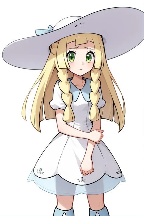 Score_9, Score_8_up, score_7_up, score_6_up, solo, 1girl, 1lillie1, blonde hair, green eyes, long hair, 2default2, twin braids, white sunhat, white dress, kneehighs, hand on arm, shy, looking at viewer, cowboy shot, standing, white background<lora:EMS-3767...