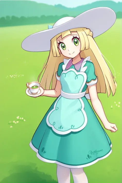 Score_9, Score_8_up, score_7_up, score_6_up, solo, 1girl, 1lillie1, blonde hair, green eyes, long hair, 6teatime6, green dress, white sunhat, apron, white pantyhose, field, standing, looking at viewer, smile, holding teacup<lora:EMS-376737-EMS:1.000000>