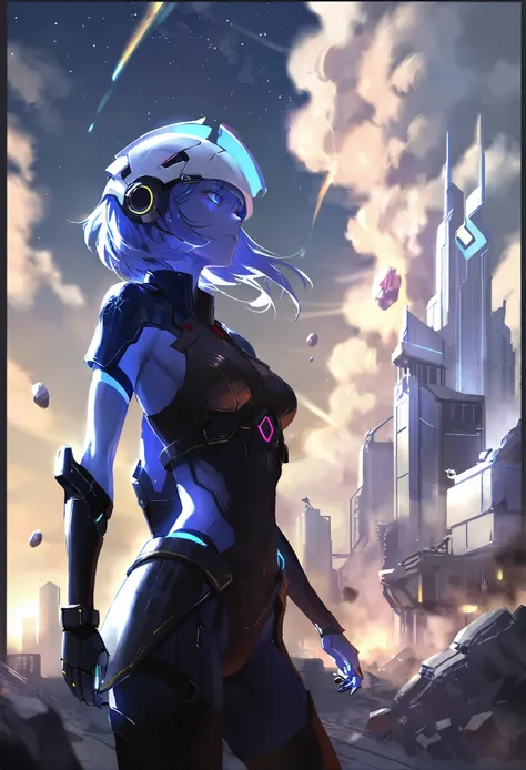 masterpiece, best quality,
1girl,   
solo, cyberpunk, sister, (sky:1.1), cloud, star, (sky:1.1), border, blue skin, siblings, building, looking away, star (symbol), helmet, floating rock, looking ahead, cloudy sky, black border, gauntlets, outdoors, colore...