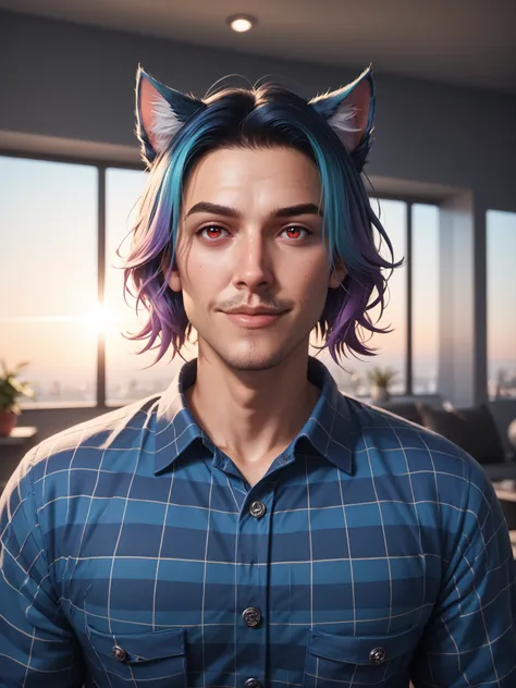 1boy, male focus, american heritage, solo, red eyes, pastel purple hair, pastel blue hair, two tone hair, multicolored hair, pastel teal hair, streaked hair, blue hair, black hair, gradient hair, shirt, short hair, animal ears, cat ears, indoors, looking a...