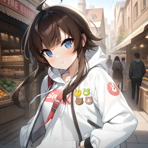 (masterpiece),(best quality),(ultra-detailed),(best illustration),(best shadow),(absurdres),(detailed background),(very aesthetic), yang harim, hood, solo, 1girl, hood down, blue eyes, ahoge, brown hair, white jacket, sleeves past wrists, jacket, white hoo...