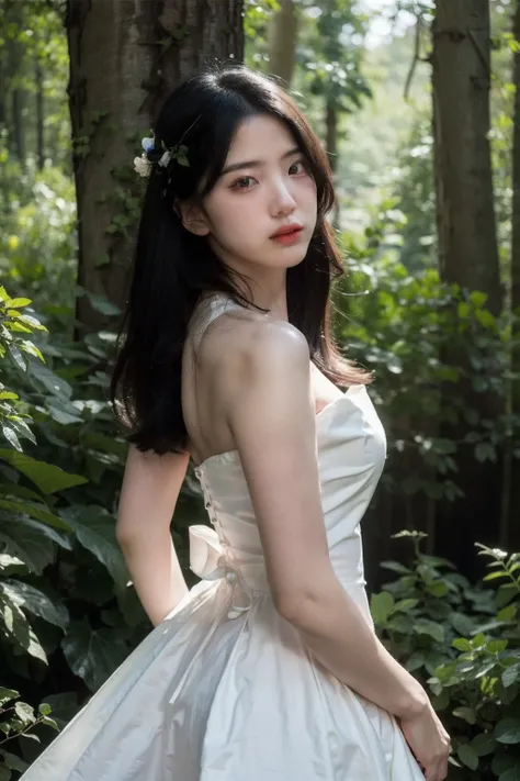 (realistic), (hyperrealism),best quality, masterpiece,ultra high res, (photorealistic:1.4),1girl,pale skin,skinny,(looking at viewer:2),forest, flowers, sunlight,
<lora:makina69_kimeunbyul_v1.0:1>  , black wedding dress , bare shoulders, cowboy shoot,