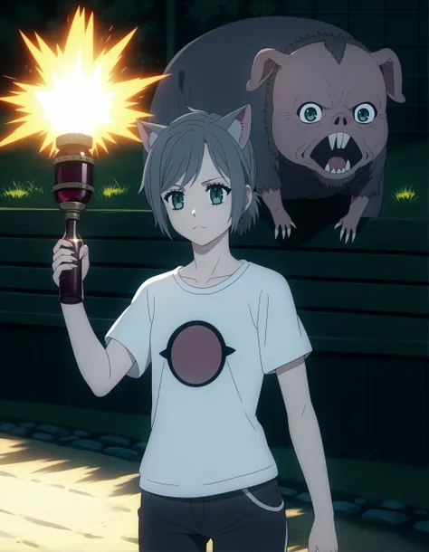 SHSZYZ, (score_9, score_8_up, score_7_up, score_6_up, source_anime:0.7), rodent man, solo, 1girl, catgirl, green eyes, expressionless, short ponytail, grey hair, t-shirt, wine bottle, goatee, outdoors, village blacksmith, roaring furnace, clanging hammers,...