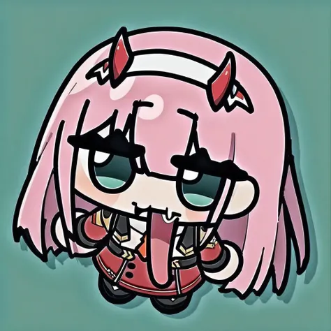 chibi, tongue out, long tongue, full body,(masterpiece),(best quality),1girl, aqua_background, aqua_eyes, blue_background, buttons, double-breasted, fangs, green_eyes, hairband, horns, long_hair, looking_at_viewer, military, military_uniform, necktie, pink...