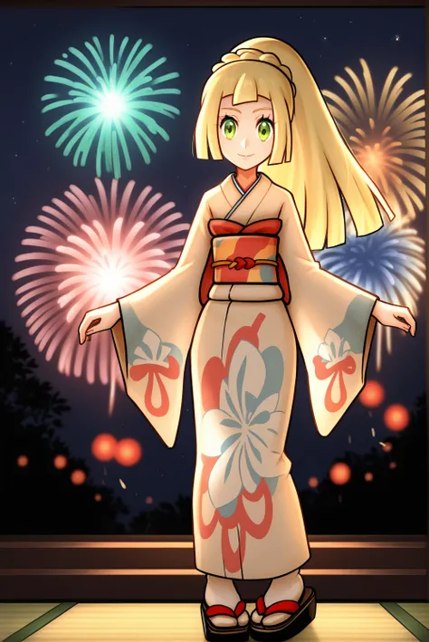 Score_9, Score_8_up, score_7_up, score_6_up, solo, 1girl, 1lillie1, blonde hair, green eyes, long hair, 5newyear5, ponytail, print kimono, Japanese clothes, obi, hairband, standing, light smile, fireworks, night sky, looking at viewer, backlighting, full b...