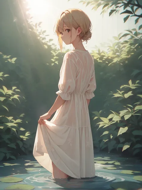 score_9, score_8_up, score_7_up, score_6_up, source_anime, <lora:linen_dress_v0.1-pony:1> 
1girl, linen dress,
blonde hair, brown eyes, 
cowboy shot, wading, dress lift, wet, looking back, see-through silhouette, sunlight, light rays, bloom, lens flare, da...