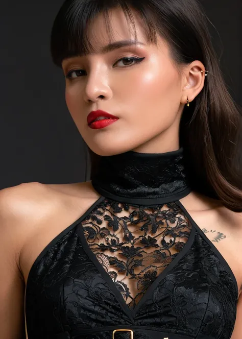 luxury product style, captivating masterpiece of an woman with black hair in a ((((neckholder dress with turtleneck)))) ,long earrings, necklace, half body, The intricate lace and gold details exude a very rebellious aura. ((The use of high-shine gloss add...