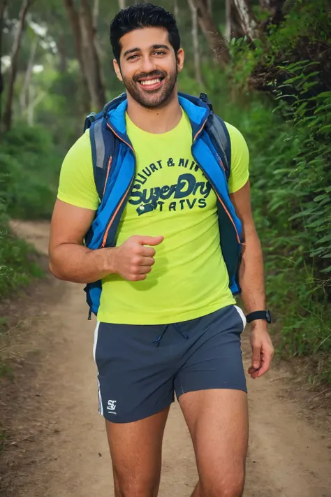 Detailed picture of brandon davis a man <lora:aashimg_bradondavis:1>, jogging in the hiking trail wearing Superdry sportswear vest and shorts, gorgeous lighting, HDR, 8K, realistic, highly detailed, smile, <lora:add-detail-xl:1>