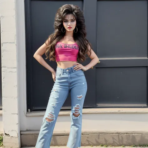 hud_am, 1girl, long big hair, makeup, lipstick, crop top, torn denim jeans, high heels, 1980s (style), realistic, <lora:anamoll:0.75>,