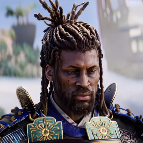 ,  <lora:acstyl_shadowcreedXL:0.9> acstyl style, hyper realistic video game <lora:riiahworldxl:0.8> rhwrld, dreads in a bun, black man, wearing samurai armor