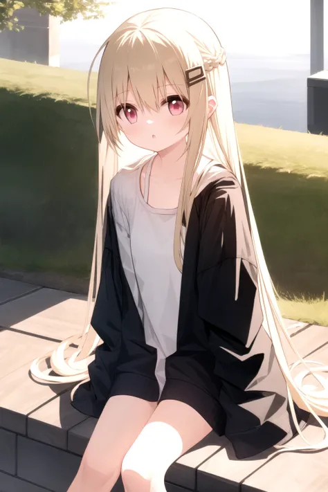 <lora:yuuhagi_v0.4:1> 
1girl, long shirt, blonde hair, long hair, pink eyes, sitting, outdoors,, masterpiece, best quality, highly detailed