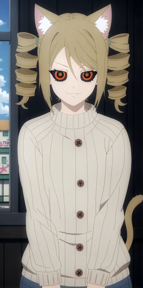 SHSZYZ, (score_9, score_8_up, score_7_up, score_6_up, source_anime:0.7), MCSubaru, solo, 1girl, catgirl, orange irises, black sclera, orange pupils, smug, tri drills, blonde hair, ribbed sweater, fat, buttons, indoors, techno-graffiti zone, augmented reali...