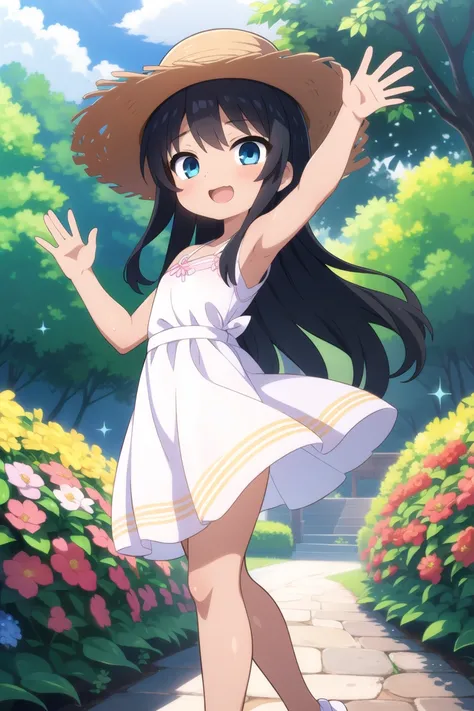 masterpiece, best quality, ultra detailed, anime style, 1girl, young, cute, (oily skin), (shiny body), (slender, lean, thin legs), long wavy hair, black hair, blue eyes, white dress, straw hat, waving, garden, colorful flowers, dancing, warm, beautiful fac...