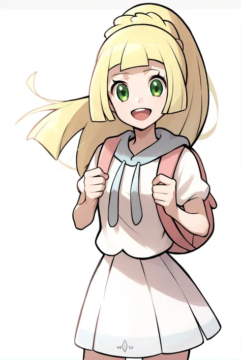 Score_9, Score_8_up, score_7_up, score_6_up, solo, 1girl, 1lillie1, blonde hair, green eyes, long hair, 4ponytail4, ponytail, white shirt, white skirt, pink backpack, happy, standing, holding straps, looking at viewer, white background<lora:EMS-376737-EMS:...