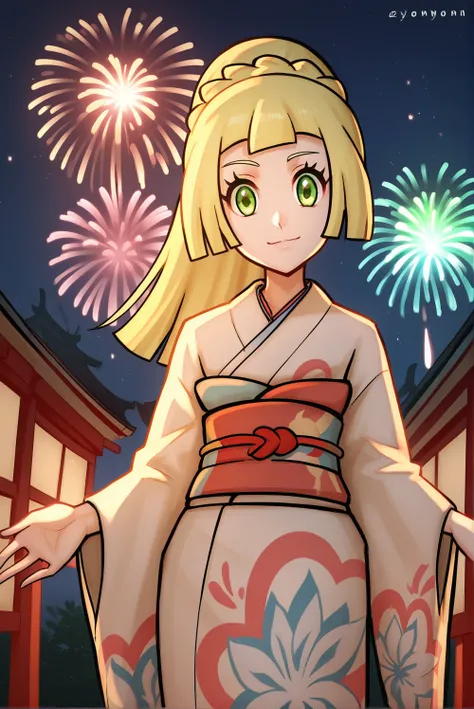 Score_9, Score_8_up, score_7_up, score_6_up, solo, 1girl, 1lillie1, blonde hair, green eyes, long hair, 5newyear5, ponytail, print kimono, Japanese clothes, obi, hairband, standing, light smile, fireworks, night sky, looking at viewer, backlighting<lora:EM...