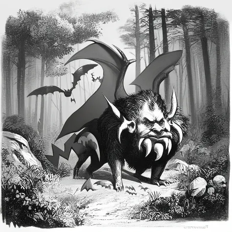 score_9, score_8_up, score_7_up, score_6_up, score_5_up, score_4_up, rating_safe,art by llbreton,monochrome,greyscale,demon beast pikachu,bat wings,pokemon (creature),pokemon,forest,outdoors,<lora:LLBretonPony-000006:1>