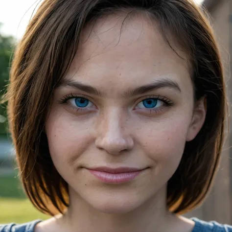 beautiful 18yo european blue eyed woman , close up, shadows, perfect face,nighttime,dark photo,grainy,dimly lit,seductive smirk,harsh camera flash, grainy, highly detailed, (freckles:0.3), (skintexture), (background town), bokeh, (snub nose)