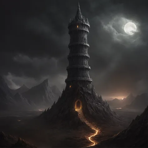 a fantasy tower, built mids dark land, emitting light to the dark