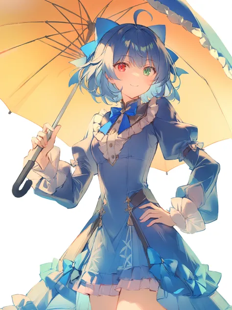 1girl, 
solo, closed mouth, juliet sleeves, short hair, adapted costume, blue bow, umbrella, frills, puffy sleeves, frilled dress, hair bow, smile, white background, dress, blue dress, cowboy shot, heterochromia, long sleeves, looking at viewer, red eyes, ...