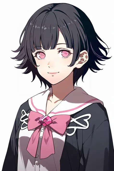 score_7_up, 1girl, squinting_eyes_smile, black hair, hair_intakes, bow-shaped_hair, pink eyes , <lora:Kurahana_Chinatsu_PonyXL_style_v01:1>