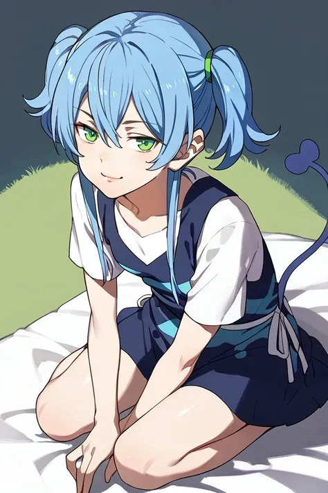 score_7_up, 1girl, smug, blue hair, sidelocks, quin_tails, green eyes , <lora:Kurahana_Chinatsu_PonyXL_style_v01:1>