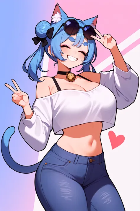 1girl, breasts, solo, eyewear on head, pants, tail, blue hair, cleavage, closed eyes, animal ears, smile, bell, v, off-shoulder shirt, cat ears, teeth, crop top, double bun, choker, large breasts, round eyewear, cat tail, hair bun, shirt, off shoulder, sun...