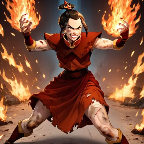 score_9, score_8_up, score_7_up, score_6_up, score_5_up, score_4_up, rating_questionable, 1girl, Azula, fighting stance, surrounded by fire, clothes ripped, dirty, cuts and bruises, deranged smile