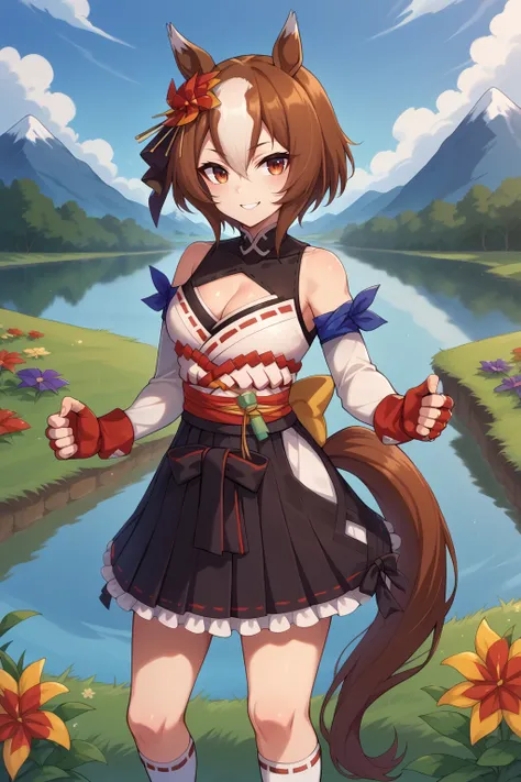 score_9, score_8_up, score_7_up, source_anime, cowboy shot, looking at viewer, smile, yaeno muteki, short hair, hair ornament, hakama, bare shoulders, cleavage cutout, ribbon trim, sash, black skirt, frills, white socks, sandals, detached sleeves, fingerle...