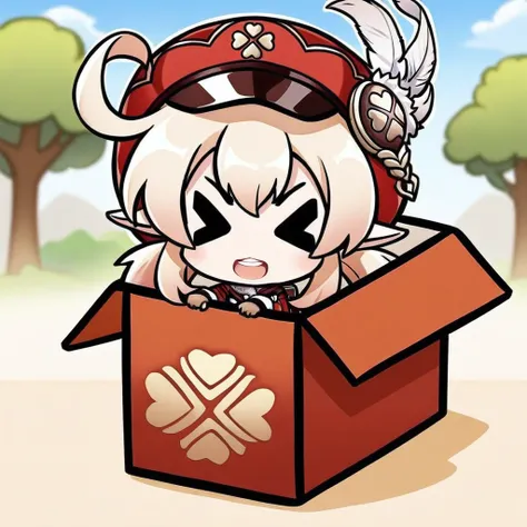 chibi, in-box, > <, masterpiece,best quality,klee, 1girl, klee (genshin impact), hat, bag, red eyes, smile, solo, red dress, dress, hat feather, blush, bangs, open mouth, long sleeves, red headwear, backpack, sitting, dodoco (genshin impact), outdoors, twi...