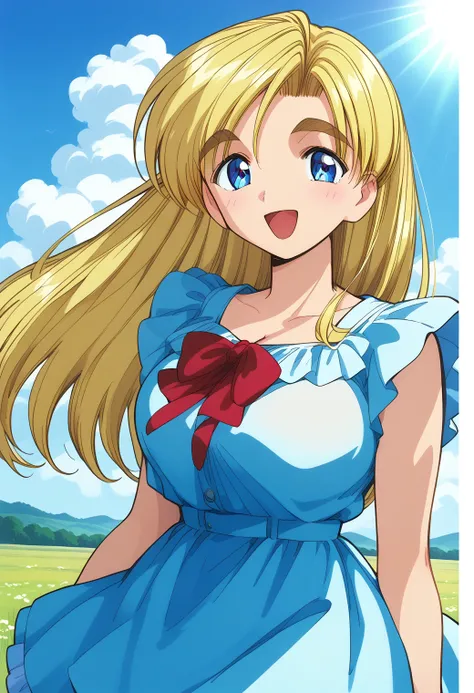 1girl, solo, (field:1.2), (sky:1.2), (sunlight:1.2), smile, open mouth, cowboy shot, (anime screencap:1.2), (anime:1.2),
aitoma_thirty, blue eyes, blonde hair, long hair, thick eyebrows, <lora:aitoma_thirty_pony_ver1:1>, score_9, score_8_up, score_7_up, BR...