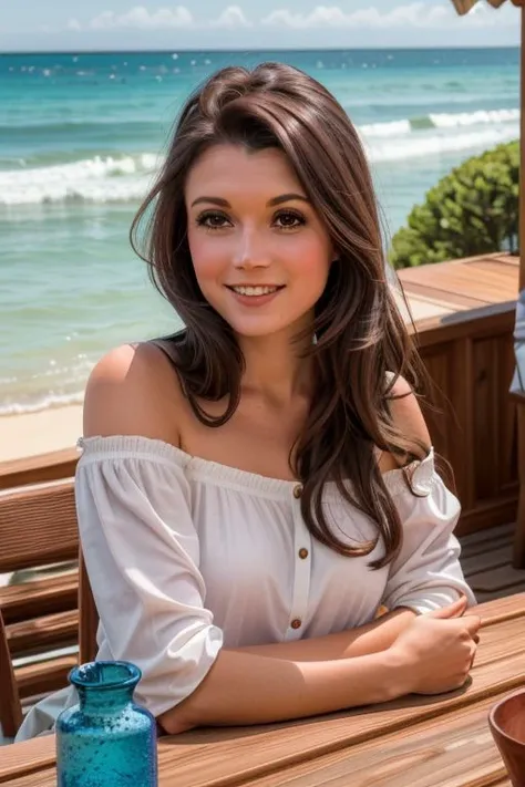 (Medium Close Up Photo) of <lora:Br1tt4nyM_v12:0.8>, Br1tt4nyM, 1girl, solo, brown hair, brown eyes, long hair,  At a picturesque beachside café with the ocean in the background, the influencer sits at a wooden table adorned with a small vase of flowers. S...