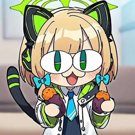 neco-arc, chibi, :3, tail,full body, (masterpiece),(best quality),cat girl,midori (blue archive),blue archive,aiamu iamu,holding food,holding,hooded jacket,food,sidelocks,:d,collared shirt,blurry,long sleeves,puffy sleeves,headphones,blue bow,hand up,neckt...