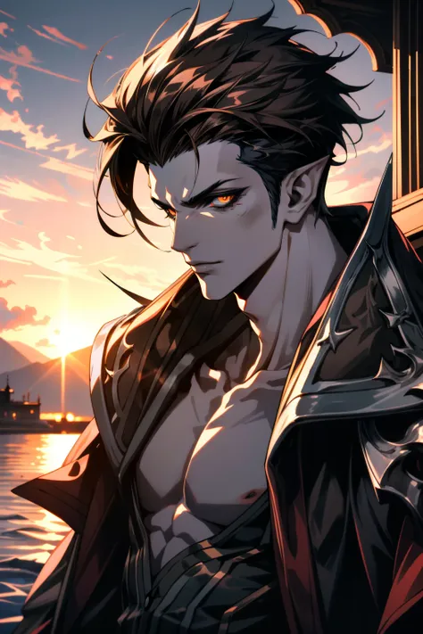 ((ultra detailed, masterpiece, absurdres))
 <lora:LAKharmine:0.8>
LAKharmine, 1boy, short hair, brown hair, pointy ears, colored skin, colored sclera, in front of dramatic sunset