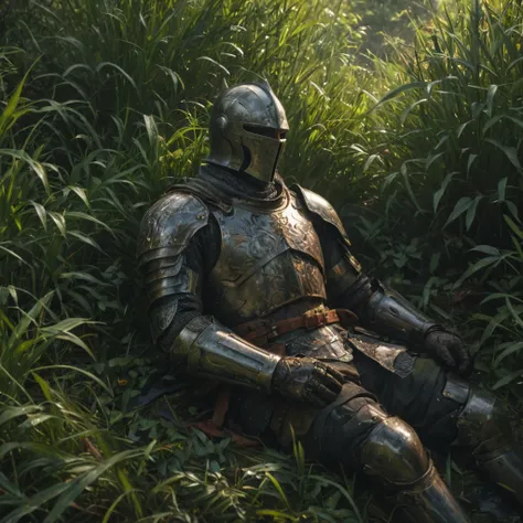 knight laying in tall green grass, resting after battle

, oil painting, done with japanese brush technique, realistic, extreme ...