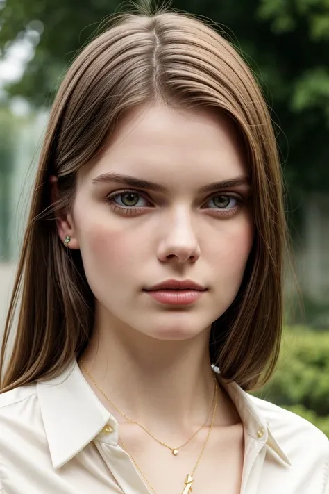 European woman, closeup, (shirt), pants, (matterhorn), gold necklace , ZM_tara, wide shoulders, perfect face, (contact iris: 1.1), pale skin, skin pores , depth of field