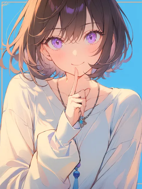 1girl, 
solo, finger to cheek, short hair, collarbone, long sleeves, looking at viewer, hair between eyes, closed mouth, necklace, hand up, eyelashes, pendant, signature, white shirt, brown hair, dot nose, blue background, smile, purple eyes, bob cut, slee...