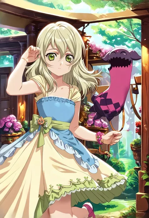 Elize Lutus, TALES OF XILLIA, 1girl, blonde hair, green eyes, sundress, natural lighting, detailed background, huge filesize, incredibly absurdres, colorful, score_9, score_8_up, score_7_up, score_6_up, <lora:ToEliZe-XLPony_002:1>