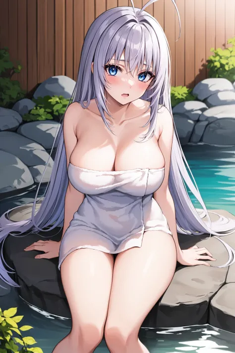 masterpiece, best quality, 1girl, <lora:natsumemaya-nvwls-v1-000009:0.9> natsumemaya, blue eyes, lavender hair, antenna hair, very long hair, large breasts, naked towel,  <lora:naked_towel_v0.1:0.6> onsen, blush, open mouth, looking at viewer