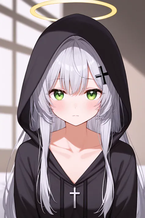 1girl, solo, hood, halo, green eyes, hair ornament, hoodie, blush, black hoodie, looking at viewer, grey hair, closed mouth, collarbone, cross hair ornament, long sleeves, long hair, hood down, white hair