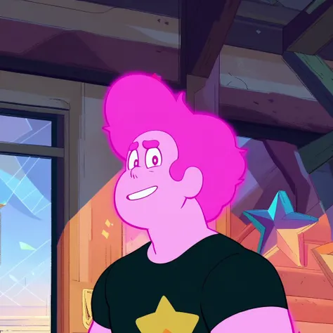 score_6_up, score_7_up, score_8, 1boy, Steven, solo, male focus, looking at viewer, smile, black shirt, star symbol, pink skin, pink hair, bara, official style, official art, indoors, upper body, 4k,