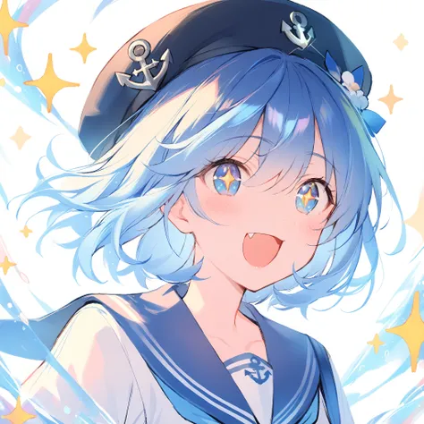 1girl, 
solo, close-up, portrait, blush, simple background, white background, blue eyes, sparkle, short hair, dot nose, +_+, excited, hair between eyes, sparkle background, light blue hair, :d, black hat, sailor collar, looking at viewer, fang, blue sailor...