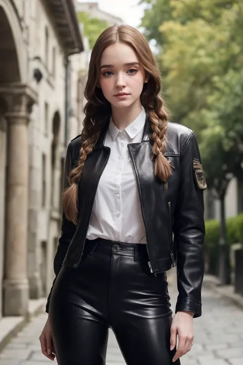 photo of S416_HazelMoore,a stylish woman,in an (ancient-village:1.1),wearing a (jacket:1.1),(shirt),(leather-pants),(braid),(4k, RAW photo, best quality, 50mm, depth of field, ultra high res:1.1),(intricate, photorealistic, cinematic-shot, masterpiece, ult...