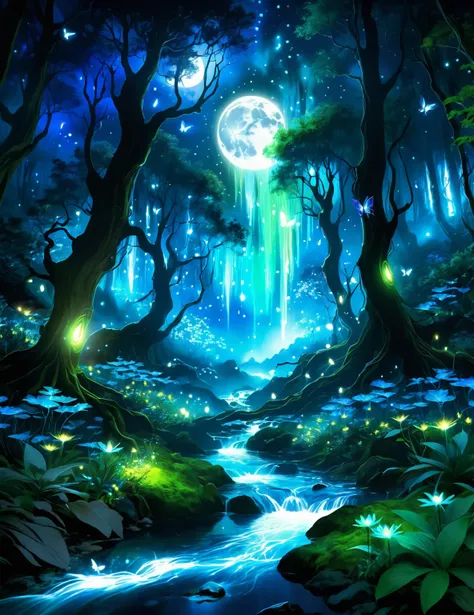 art, Mystical Forest Night, an anime-inspired digital artwork of a mystical forest at night. The scene should include tall, ancient trees with glowing blue and green bioluminescent plants and flowers. A small stream runs through the forest, reflecting the ...