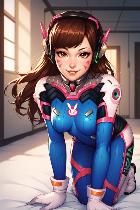 score_9, score_8_up, score_7_up, score_6_up, score_5_up, score_4_up, DVaOWXL, brown eyes, brown hair, long hair, swept bangs, headphones, facial mark, whisker markins, medium breasts, high collar, blue bodysuit, pilot suit, animal print, white gloves, solo...