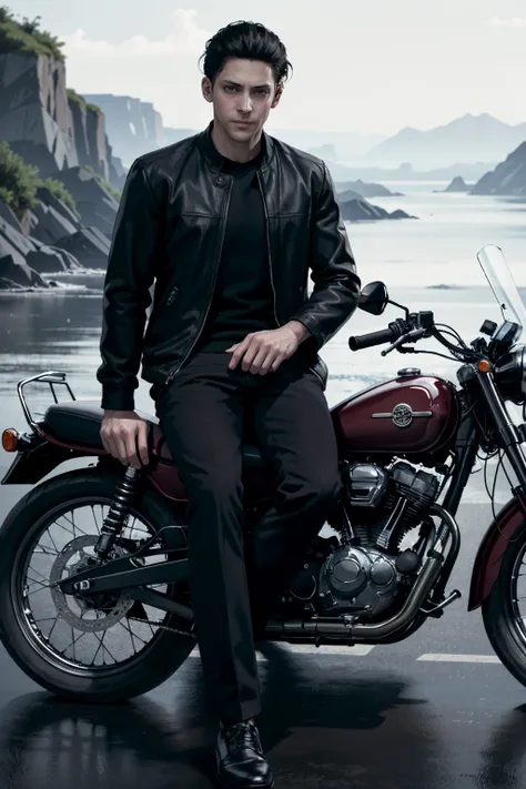 ((ultra detailed, masterpiece, absurdres))
 <lora:DBHKamski:0.8>
DBHKamski, 1boy, undercut, black hair, sitting on a vintage motorcycle, with an open road stretching into the distance