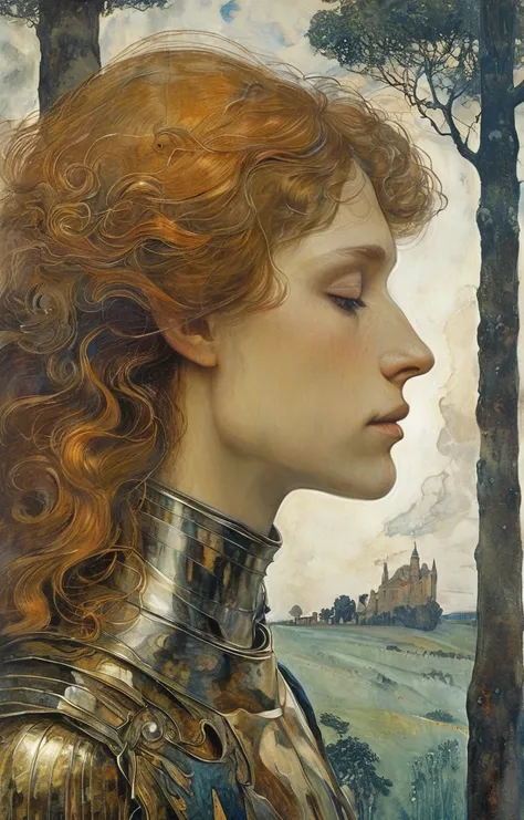 masterpiece,best quality,<lora:tbh140-sdxl:0.7>portrait of knight,illustration,style of Jean Delville,symbolism,colorful,