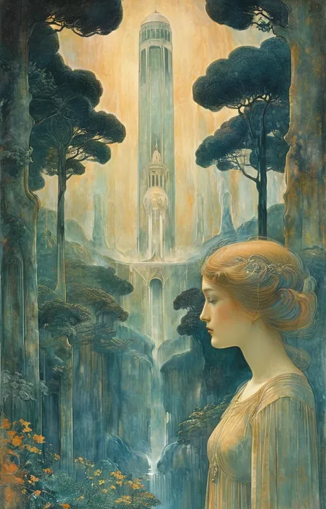 masterpiece,best quality,<lora:tbh140-sdxl:0.7>,landscape,illustration,style of Jean Delville,symbolism,colorful,