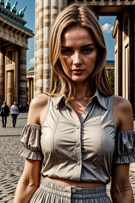 European woman, closeup, (shirt), pants, (brandenburg gate), (), ZM_emily, wide shoulders, perfect face, (contact iris: 1.1), pale skin, skin pores , depth of field